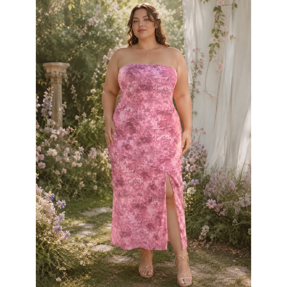 Full Tilt Fairycore Tube Maxi Dress Womens XL Pink Floral  Strapless Slit Y2K